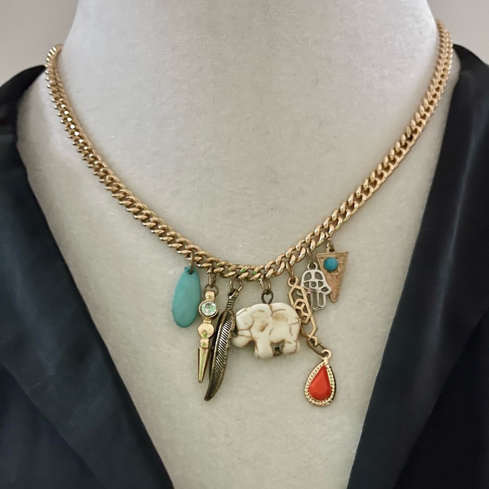 Golden Chain Charm Necklace with Colorful Pendants